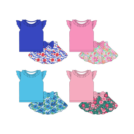 4.15 custom each style moq 5eta 4-6week Sibling Sister floral baby girls clothes Short sleeve skirts sets 1 and skirts sets 4 match family design
