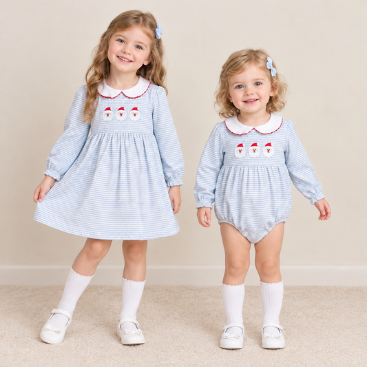 RTS NO MOQ Sibling milk silk Embroidered Baby Girls Christmas Santa Embroidery Stripe Dress And Baby Romper Set