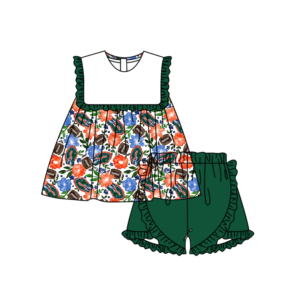 Custom moq 5 mix size milk silk summer teams Baby Girl Sleeveless Top And Green Shorts Set Sleeveless Skirt Set Yoga Dress Romper