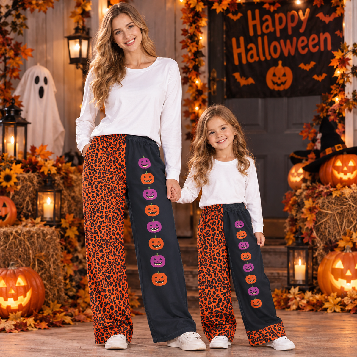 RTS NO MOQ milk silk Sibling Adult To Match Kids Halloween Split Leopard And Black Wide Leg Pants Colorful Pumpkin Print Trousers