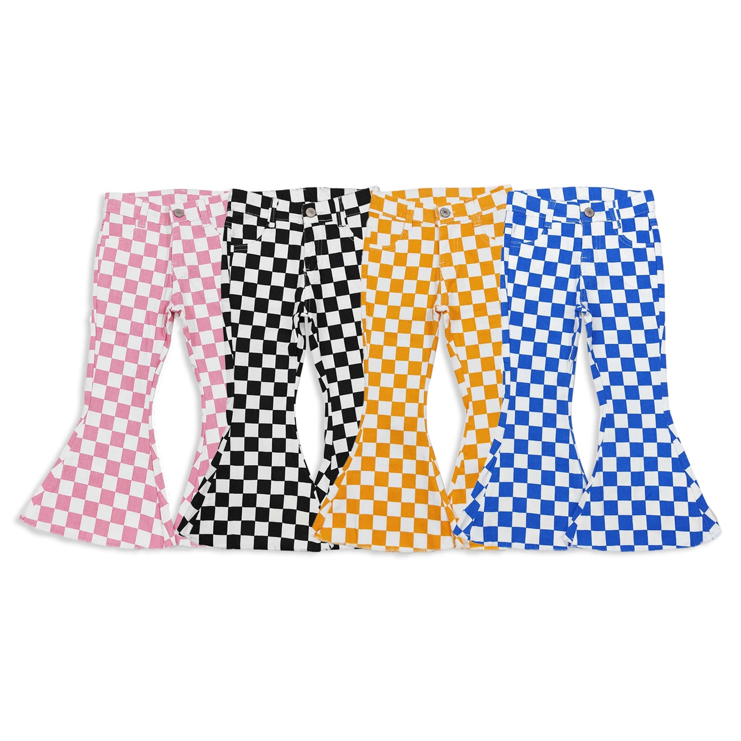 RTS NO MOQ Sibling baby cloths Plaid Button-Down Skinny Denim Flared Pants: Orange & Blue