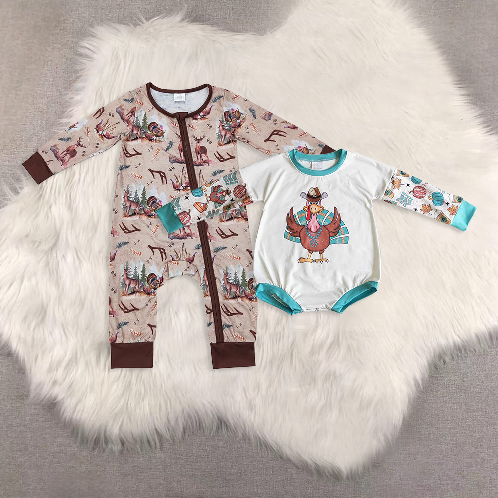 RTS NO MOQ Sibling baby Girls Clothes thanksgiving day turkey long sleeve rompers