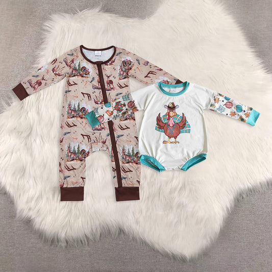 RTS NO MOQ Sibling baby Girls Clothes thanksgiving day turkey long sleeve rompers