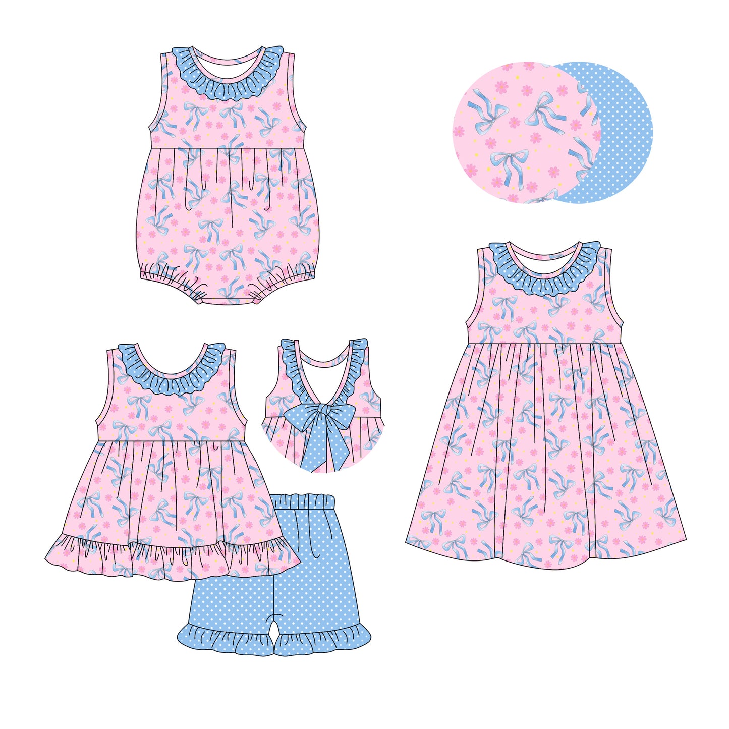 3.25 Custom moq 5 mix size Sibling Baby Girl's Pink Sleeveless Tunic Ruffle Shorts Set Cute Romper Dress for Summer