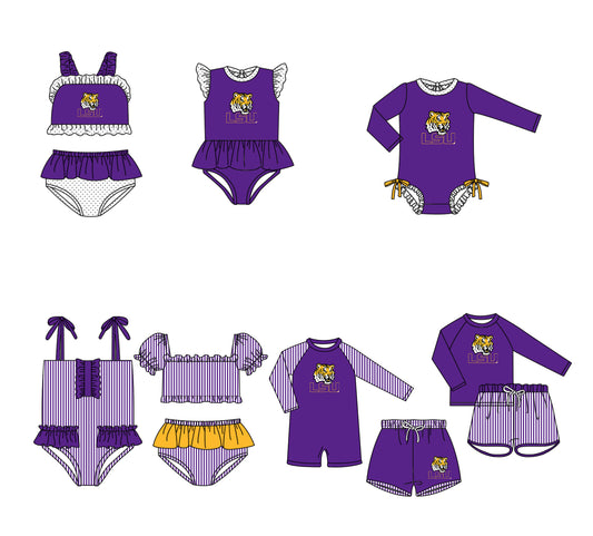 Custom moq 5 mix size milk silk summer teams baby girl boys clothes Purple Two-Piece Swimsuit Set One Piece Swimsuits boy swim trunks