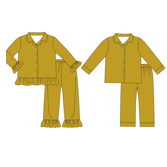custom moq 5 mix size Baby Boys And Girls Solid Mustard Yellow Long Sleeve Collared Button Down Pant Pajama Set