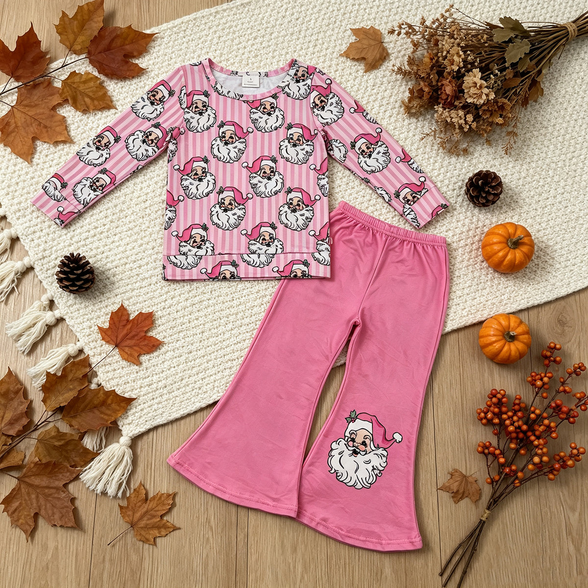 NEW RTS NO MOQ milk silk GLP3538 Baby Girls Pink Striped Santa Print Long Sleeve Top Pink Flare Bell Bottom Pants Outfit