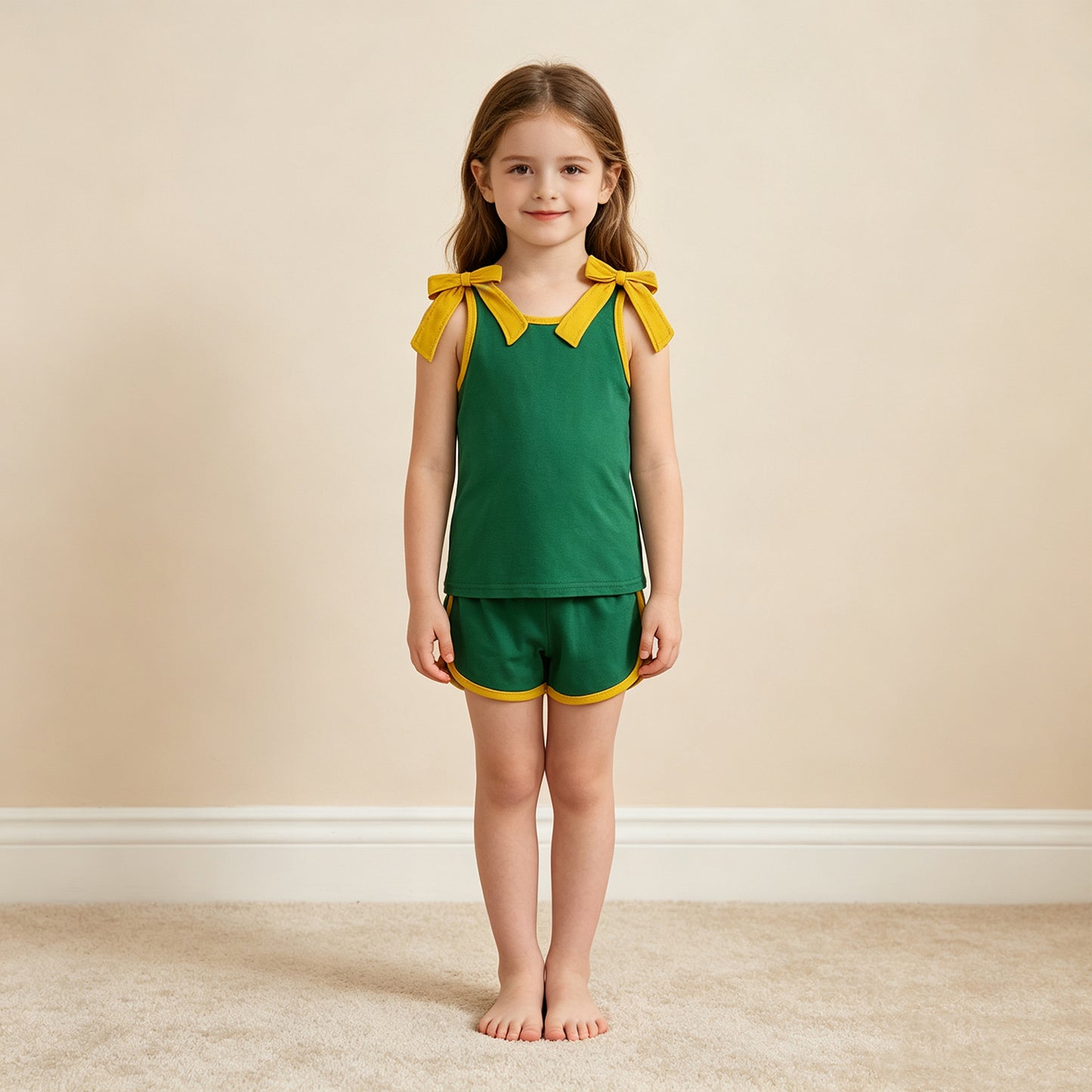 NEW RTS NO MOQ cotton GSSO3850 Baby Girls Orange Green Bow Sleeveless Top Shorts Summer Sets