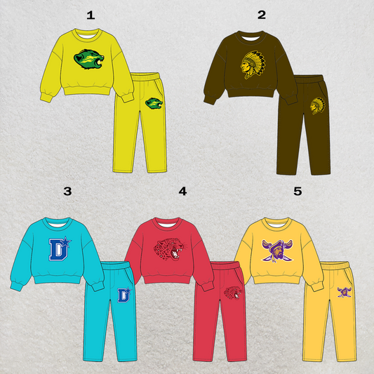 custom moq 5 mix size XY070110  Baby Kids Solid Long Sleeve Crew Neck Top With Side Pocket Elastic Waist Jogger Pants Two Piece Team Sports Suit