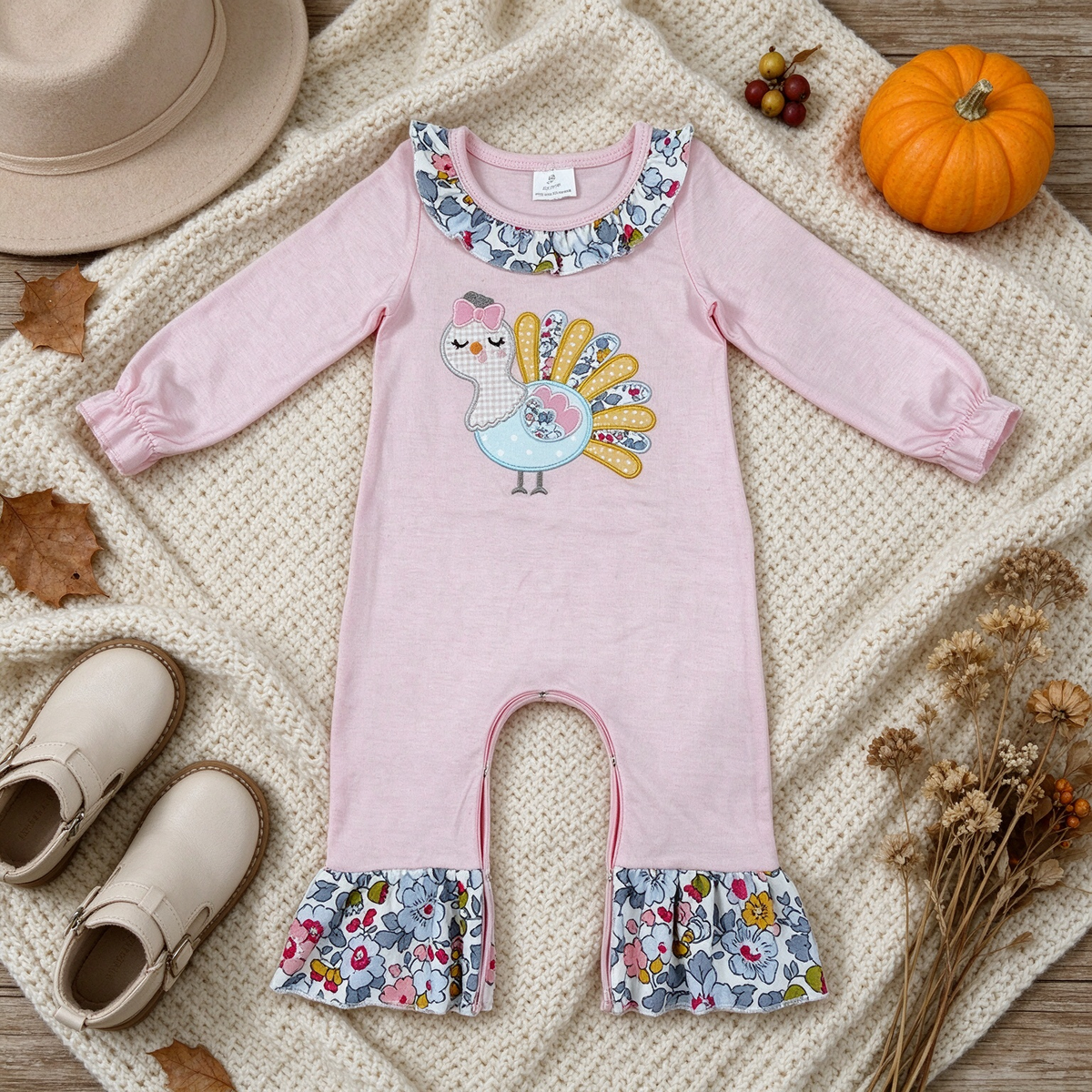 NEW RTS NO MOQ milk silk LR3216 Embroidery Flowers Turkey Baby Girls Thanksgivings Ruffle Pant Rompers Thanksgiving Daily Romper