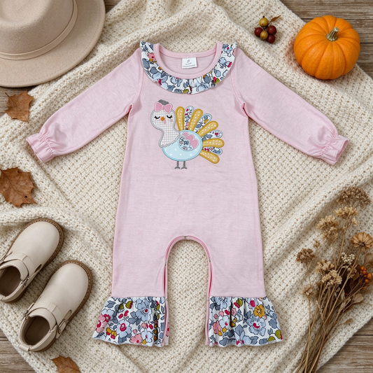 NEW RTS NO MOQ milk silk LR3216 Embroidery Flowers Turkey Baby Girls Thanksgivings Ruffle Pant Rompers Thanksgiving Daily Romper