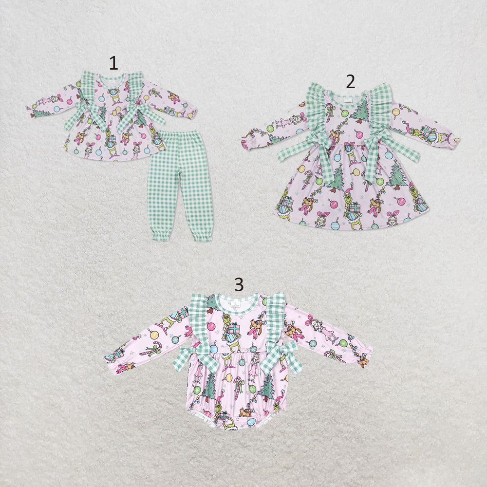 RTS NO MOQ Sibling milk silk Cute Clothes Baby Girls Pink Christmas Bows Tunic Pants Clothes Sets Romper Dress