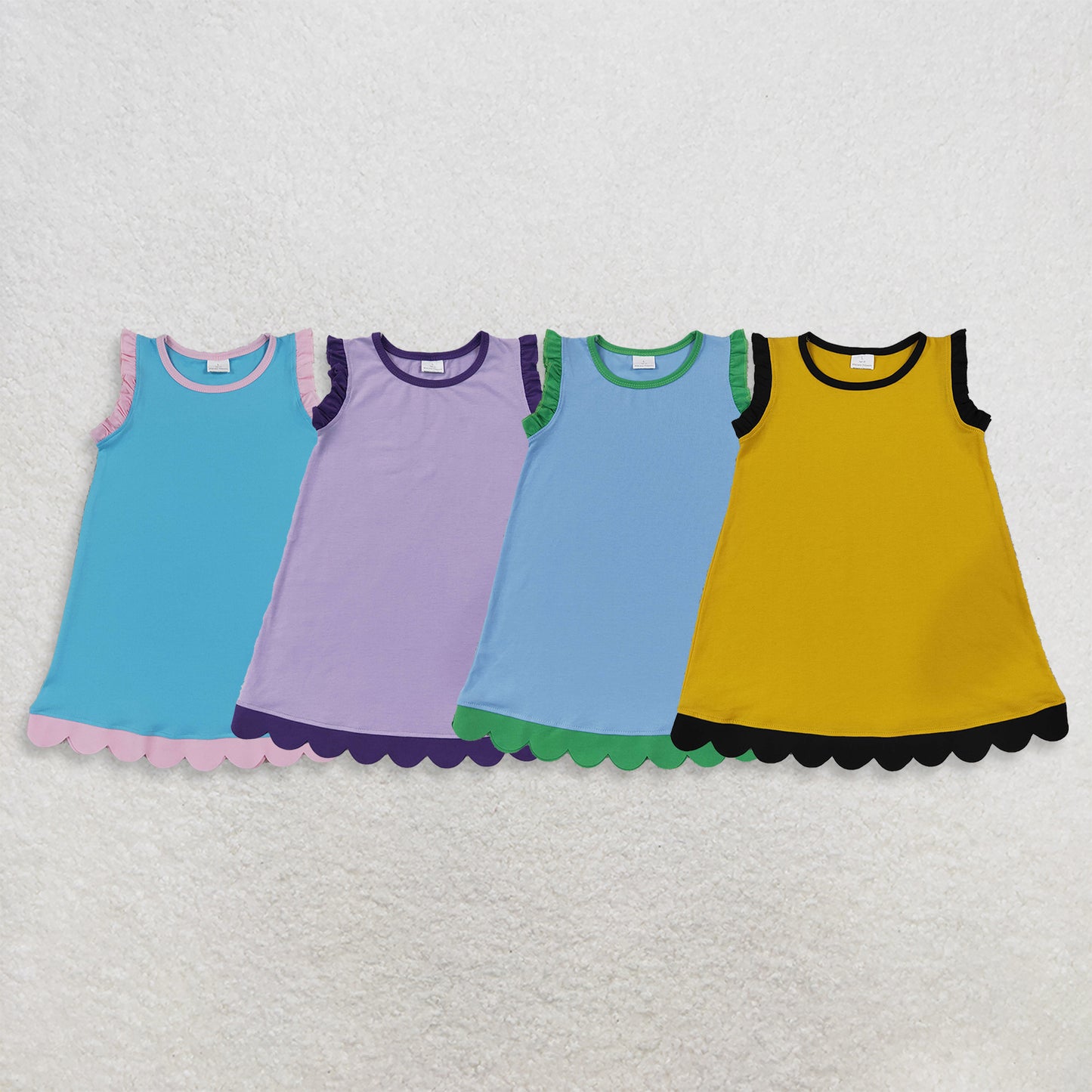 RTS NO MOQ Sibling cotton Baby Girls Sleeveless Scallop Knee Length Casual Dress