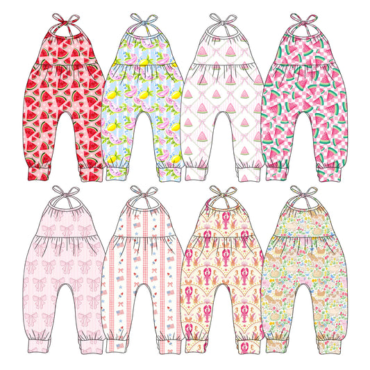 Custom moq 5 mix size Sibling Sleeveless Printed Jumpsuit for Baby Girls Summer Romper