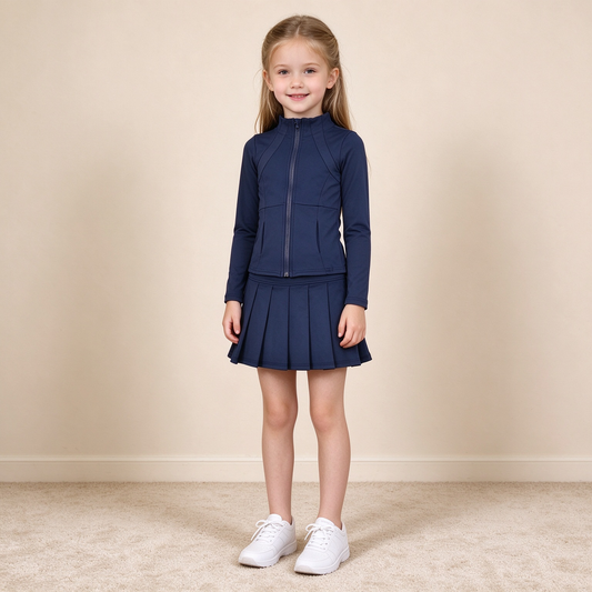 NEW RTS NO MOQ yoga fabric cotton GLD1705（GT0677+GLK0122）Baby Girls Navy Zip Pockets Jacket Top Pleated Skirt Short Yoga Active Casual Clothes Set