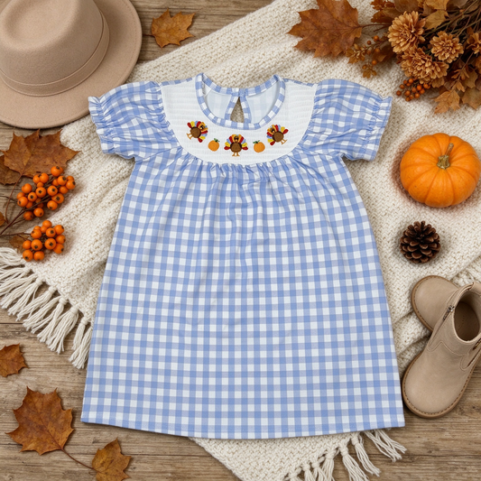 NEW RTS NO MOQ milk silk GSD4250 Smocked Baby Girls Short Ruffle Sleeve Turkey Thanksgiving Print Checked Knee Length Casual Dress(3-6M-7-8T)