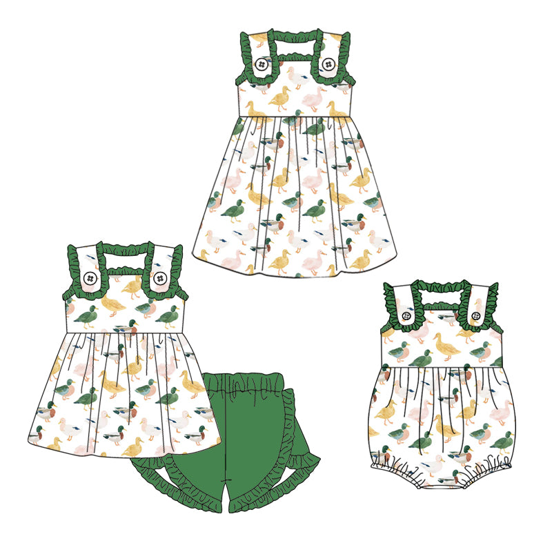3.7 Custom moq 5 mix size Sibling Baby Girl's Duck Sleeveless Top And Green Shorts Set Cute Romper Dress for Summer