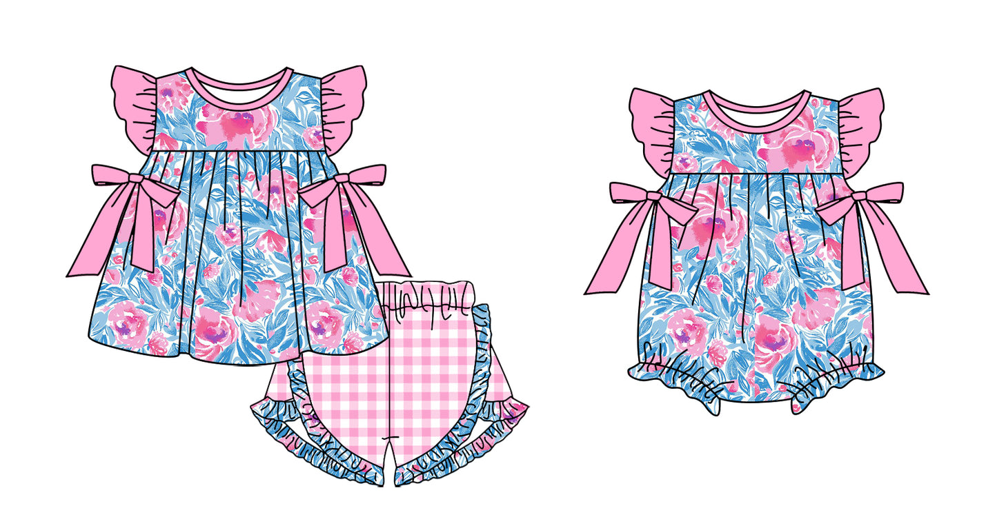 11.11 custom each style moq 5eta 4-6week Sibling Sister floral pattern baby girl short sleeve shorts sets and rompers match design