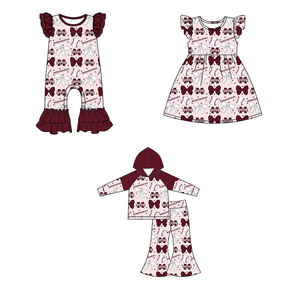 Custom moq 5 each style summer teams baby girls clothes team bow brick red long sleeve hooded pants sets and dress and romper-25.6.13