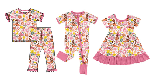 4.6 Custom moq 5 mix size Sibling Baby Girls Flowers Short-Sleeved Pajama Set Short Sleeve Zipper Romper dress