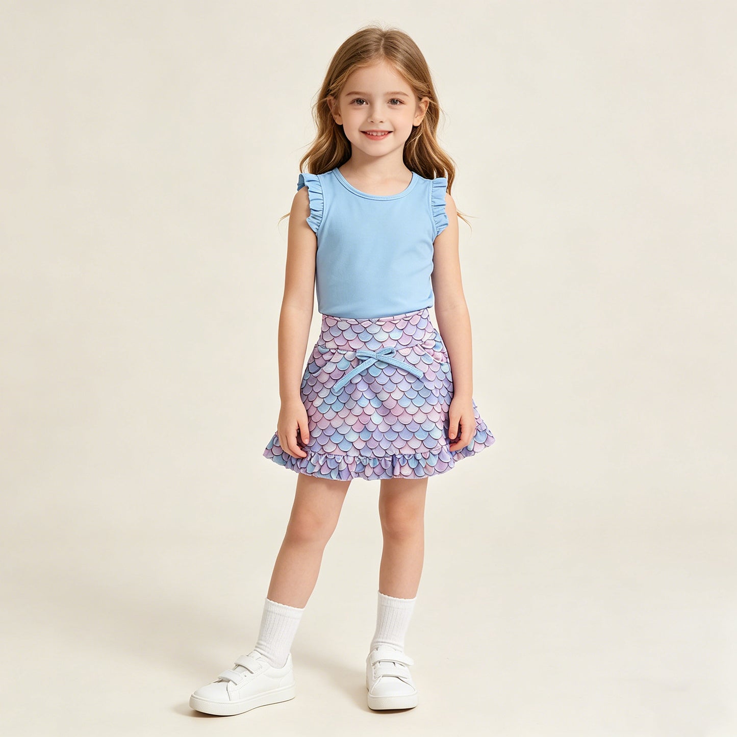 RTS NO MOQ GSD3775 Little Girls Yoga Active Blue Vest Pattern Pocket Short Skirt Daily Set