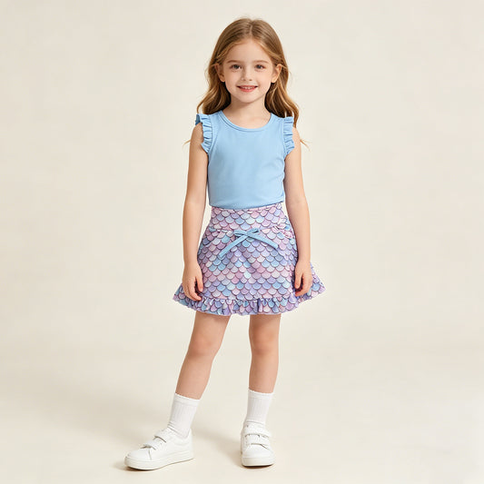 RTS NO MOQ GSD3775 Little Girls Yoga Active Blue Vest Pattern Pocket Short Skirt Daily Set
