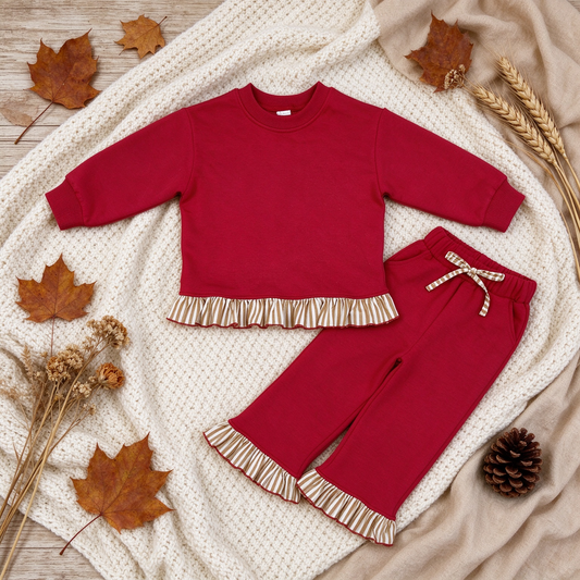 NEW RTS NO MOQ fleece GLP3644 Sweatshirt Material Kids Girls Red Long Sleeve Top Pockets Pants Sweatshirt Fall Outfit