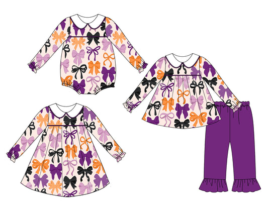 25.6.9 custom each style moq 5eta 4-6week Sibling Sisters bow purple baby girl long sleeve pants sets and dress and rompers match family design