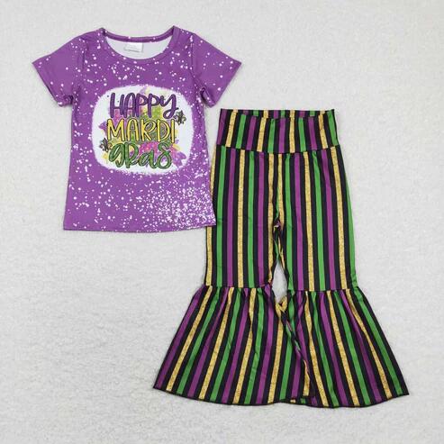RTS NO MOQ Sibling Baby Girls Mardi Gras Top And Bell Bottom Stripe Pants for Infants