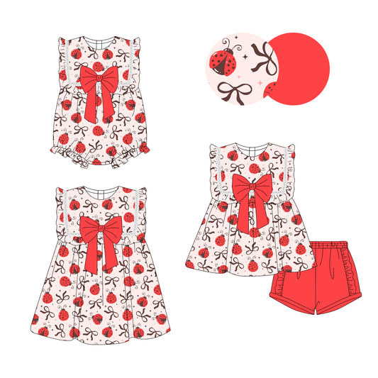 3.29 custom each style moq 5eta 4-6week Sibling Sisters bow baby girl short sleeve shorts sets and dress and rompers match family design
