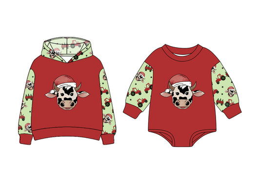 25.7.1 custom each style moq 5eta 4-6week Sibling Sisters Christmas cow baby boy long sleeve romper and top match family design