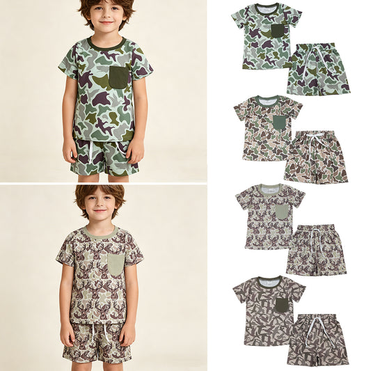 RTS NO MOQ Sibling Baby Boys Camouflage Pajamas Set with Pocket Top And Shorts Hunting Sleepwear for Infants
