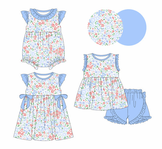 12.31 custom each style moq 5eta 4-6week Sibling Sistes floral baby girl short sleeve shorts sets and dress and rompers match family design