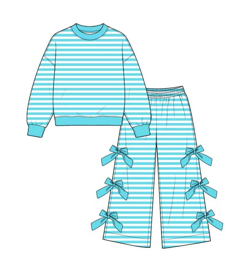 custom moq 5 mix size Toddler Girls Cyan White Stripe Long Sleeve Top And Bow Wide Leg Pants Outfit Set