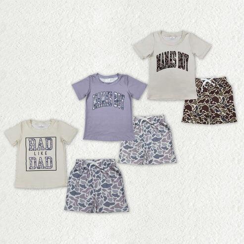 RTS NO MOQ Sibling Baby Boys Camo Mama's Boys Rad like Dad Top Pockets Shorts Clothing Set