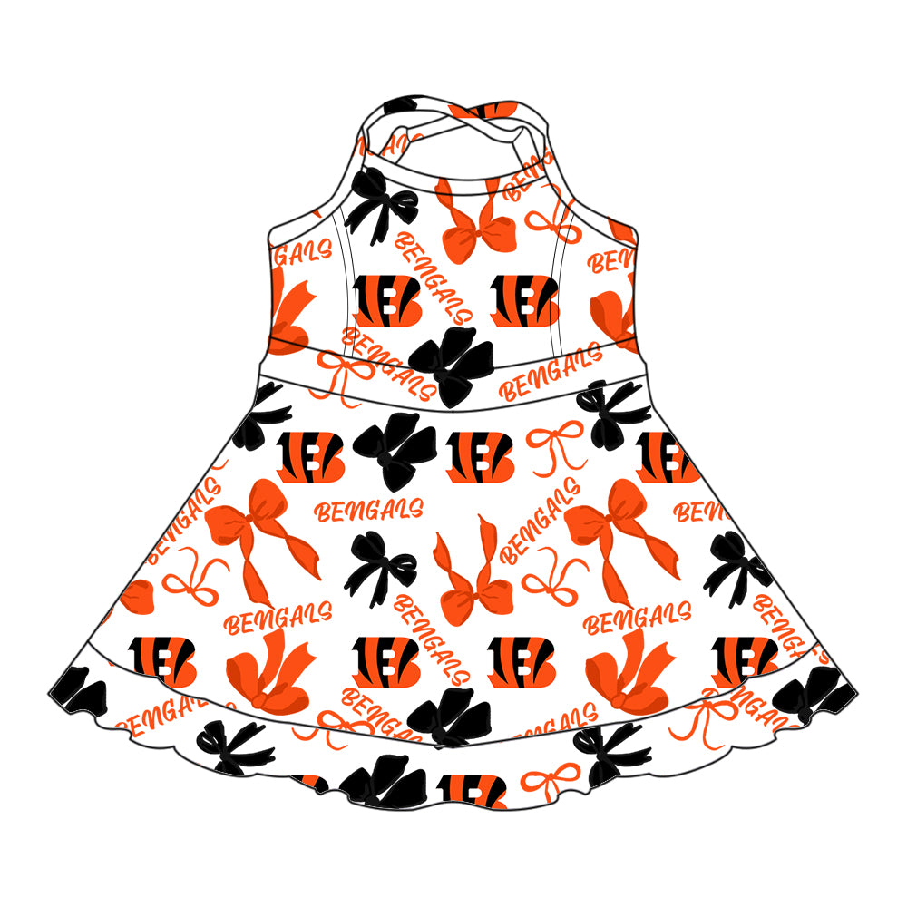 Custom moq 5 mix sizes summer teams baby girls clothes team orange short sleeve skirts shorts sets 1 and skirts sets 2 and dress 1 and dress 2 and dress 3 and dress 4-25.6.11