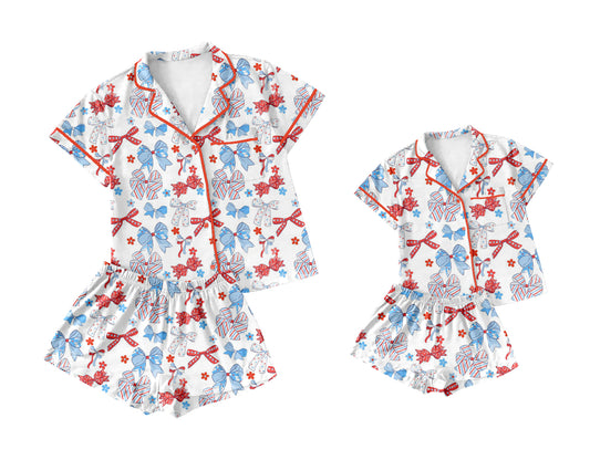 12.25 custom each style moq 5eta 4-6week Sibling Sister bow short sleeve shorts sets and adult sets match design