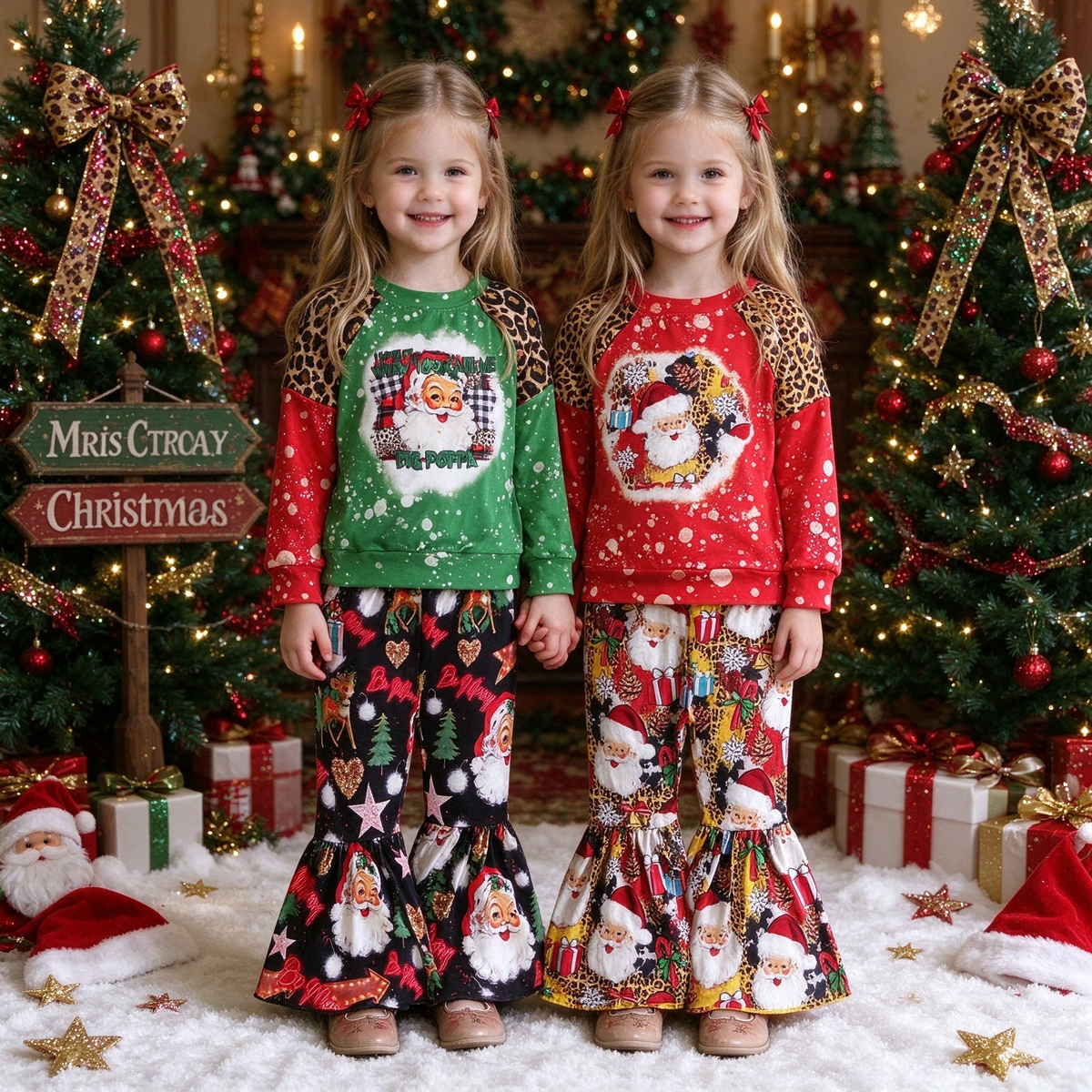 Girls Vintage Santa Leopard Christmas Outfit, Bleached Splatter Raglan + Bell Bottoms