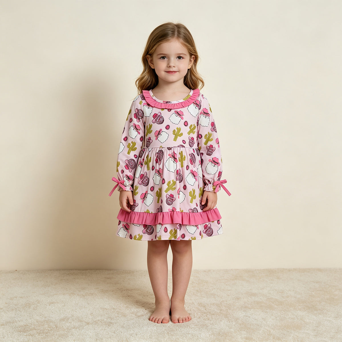 NEW RTS NO MOQ milk silk GLD0753 Baby Girls Long Sleeve Christmas Santa Cactus Western Knee Length Dresses