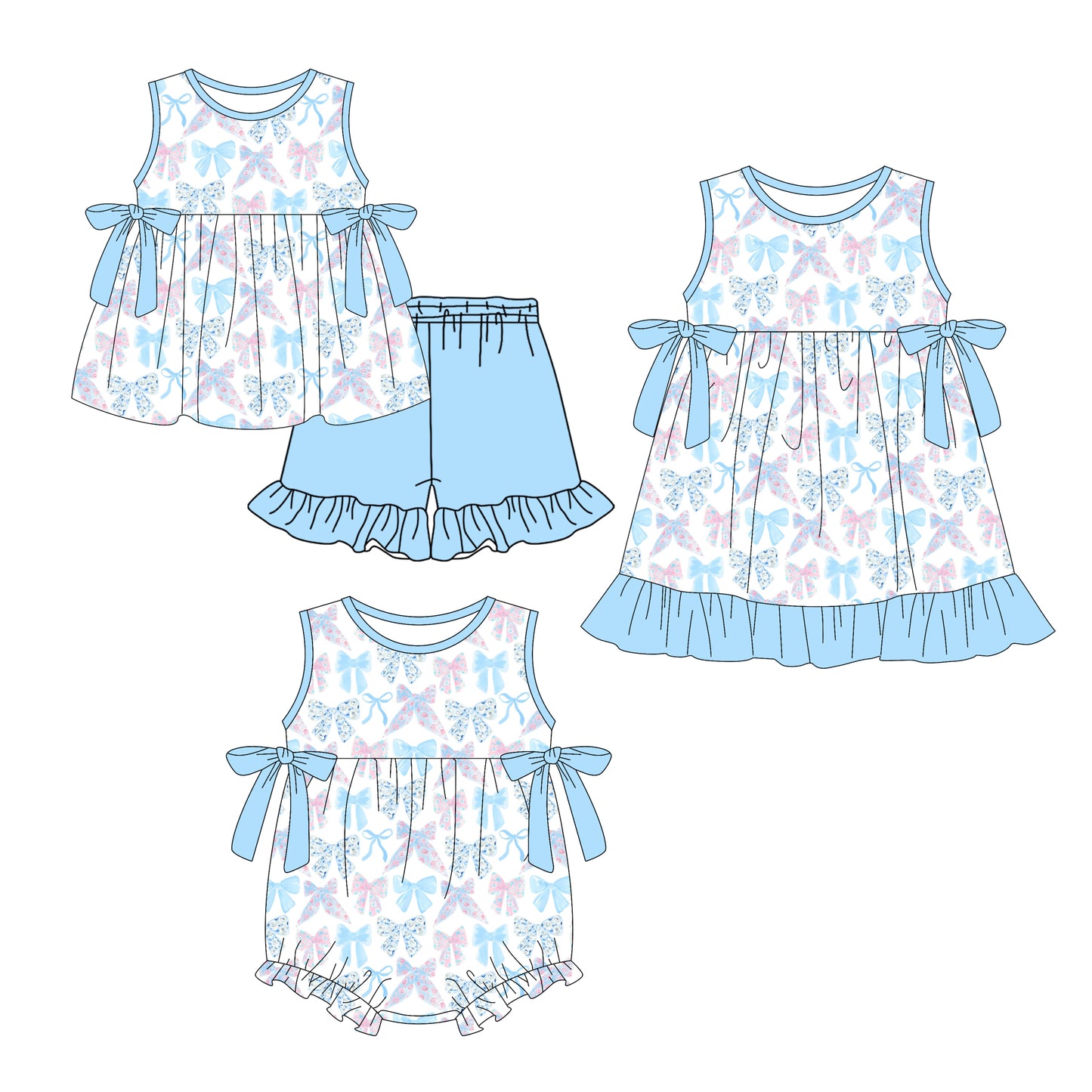 2.28 Custom moq 5 mix size Sibling Baby Girl's Blue Sleeveless Top And Shorts Set Cute Romper Dress for Summer
