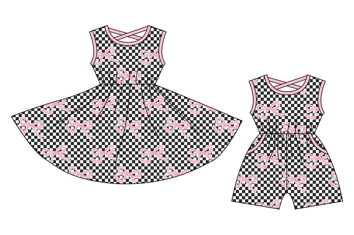 3.12 custom each style moq 5eta 4-6week Sibling Sister bow baby girl short sleeve dresses and jumpsuit match design