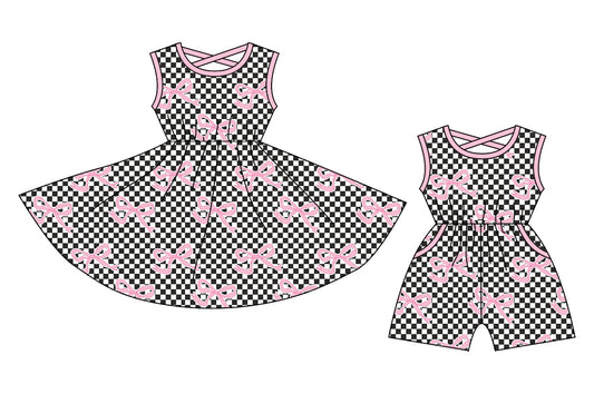 3.12 custom each style moq 5eta 4-6week Sibling Sister bow baby girl short sleeve dresses and jumpsuit match design