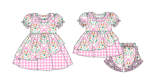 26.1.10 custom each style moq 5 eta 6-8week Sibling Sister floral bow baby short sleeve shorts sets and dress match design