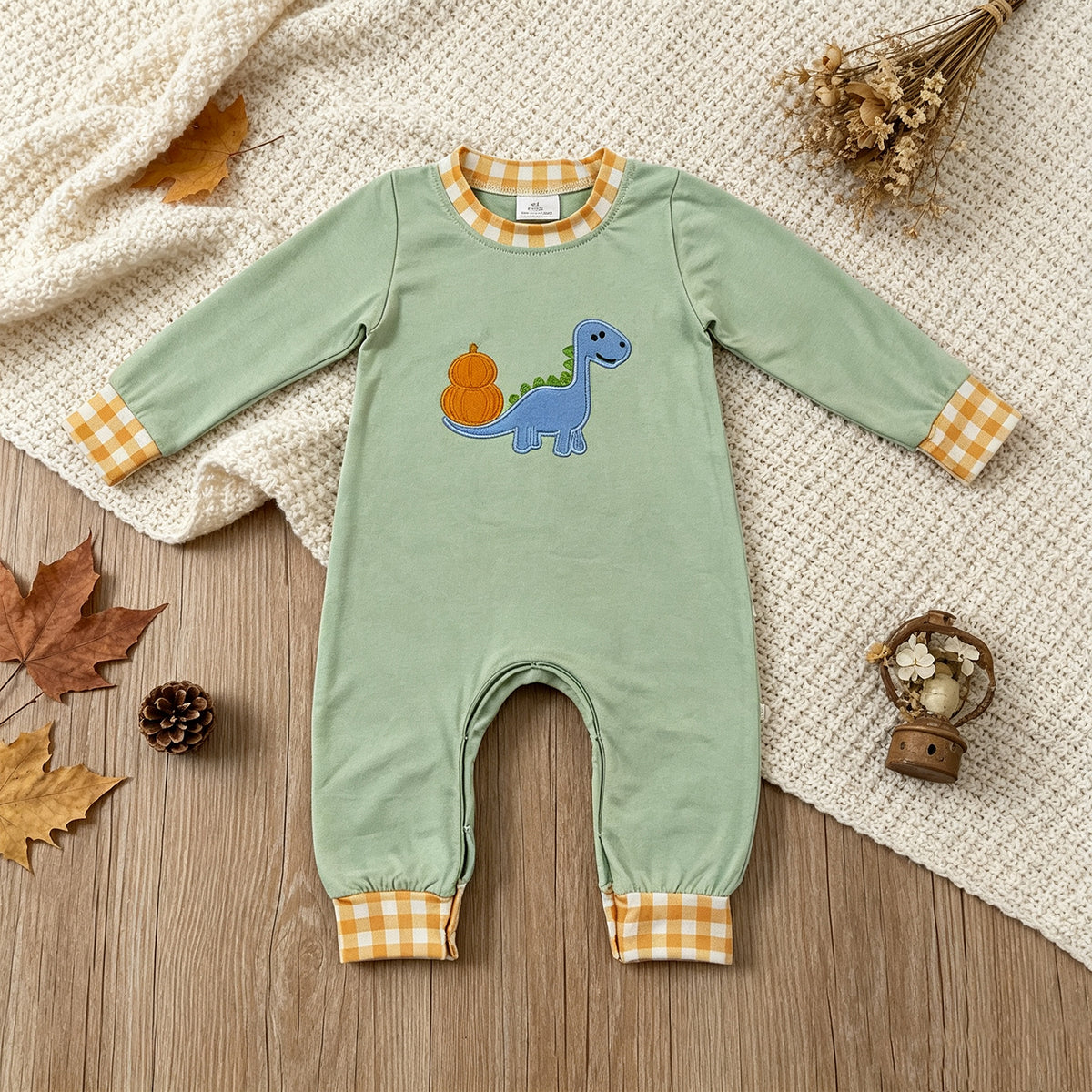 NEW RTS NO MOQ milk silk LR3168 Embroidery Pumpkins Dinosaur Baby Boys Fall Pant Rompers Fall Wear Romper
