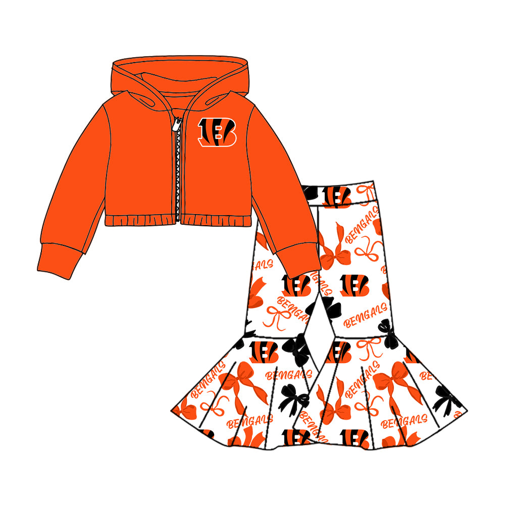 Custom moq 5 mix size milk silk summer teams baby girls clothes bow orange short sleeve pants sets and hooded long sleeve pants sets-25.7.21