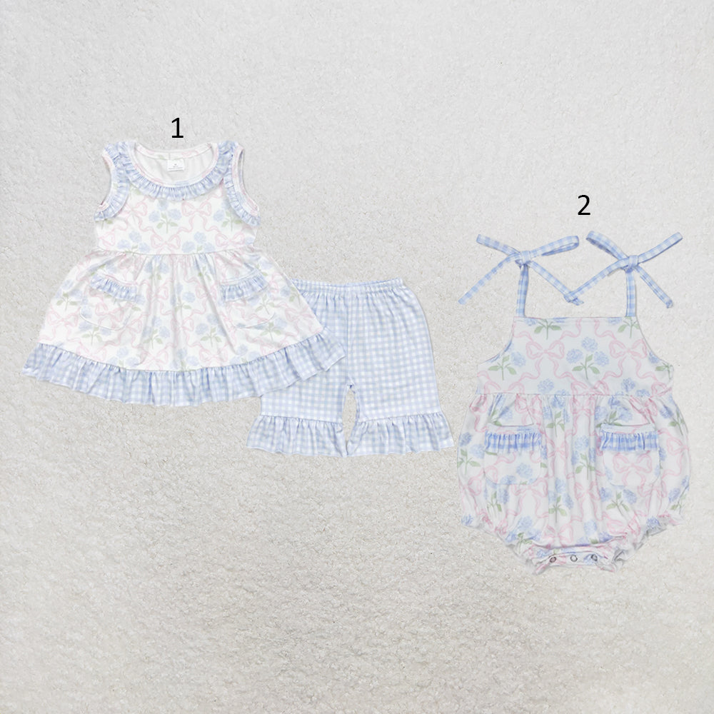 RTS NO MOQ Sibling milk silk Baby Girls Bows And Floral Print Sleeveless Ruffle Hem Tunic Top Matching Ruffle Shorts Two Piece Clothes Sets Rompers
