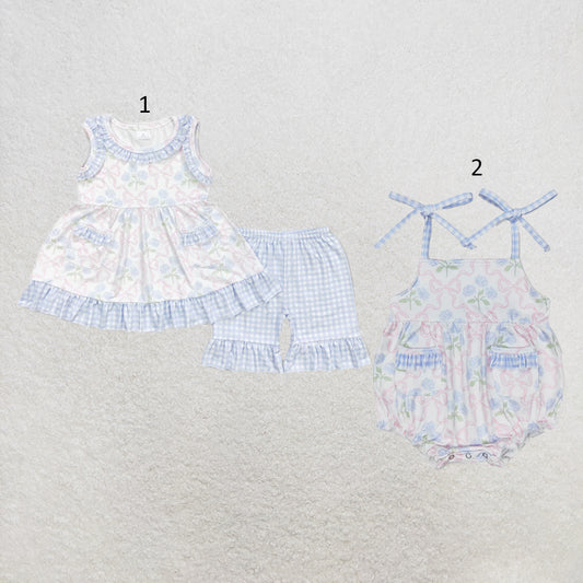 RTS NO MOQ Sibling milk silk Baby Girls Bows And Floral Print Sleeveless Ruffle Hem Tunic Top Matching Ruffle Shorts Two Piece Clothes Sets Rompers