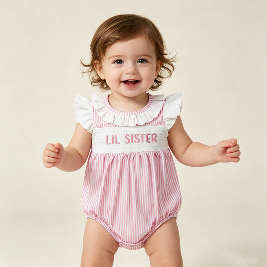 RTS NO MOQ SR3593 Smocked Little Sister Baby Girls Pink Stripe Collar Ruffle Rompers