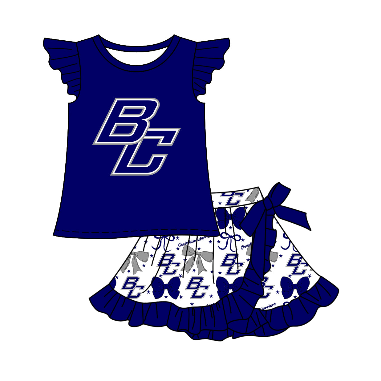 Custom moq 5 mix size milk silk baby girls clothes team bow blue sleeveless skirts sets 1 and set 2 and dress-25.7.19