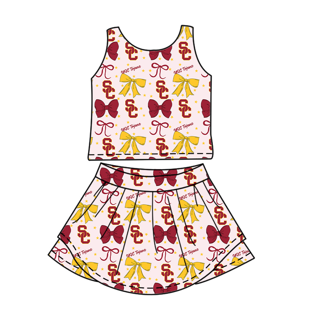 Custom moq 5 mix size milk silk summer teams baby girls clothes team bow brick red sleeveless skirts sets and dress 1 and dress 2 and dress 3-25.6.25